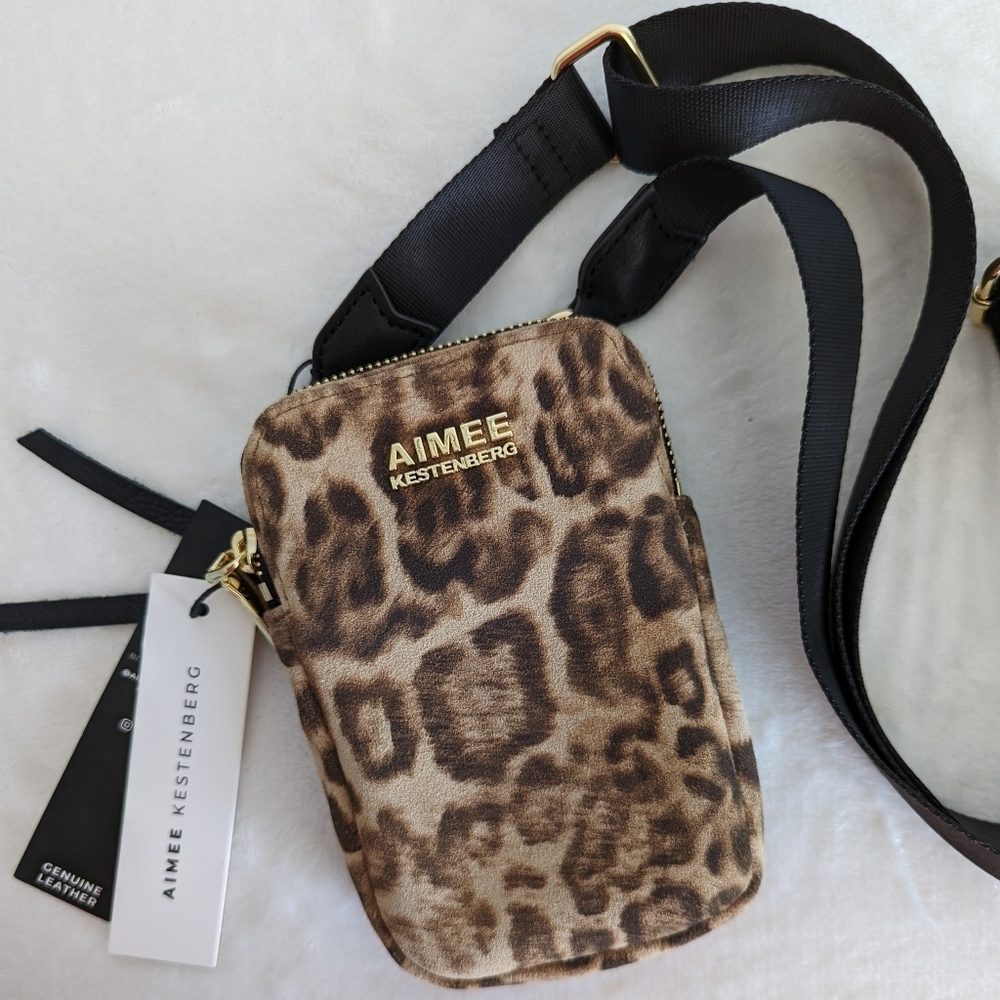 Aimee Kestenberg Phone Crossbody Leather Calf Hair Leopard Print Brown Black NWT